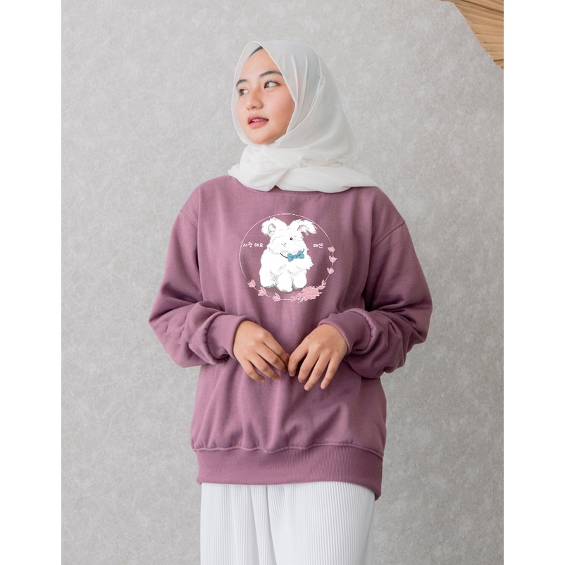 Sweater Love Rabbit Sakura Aesthetic Pria &amp; Wanita | Sweater Korea Style Fleece Cotton | Dhea Fashion