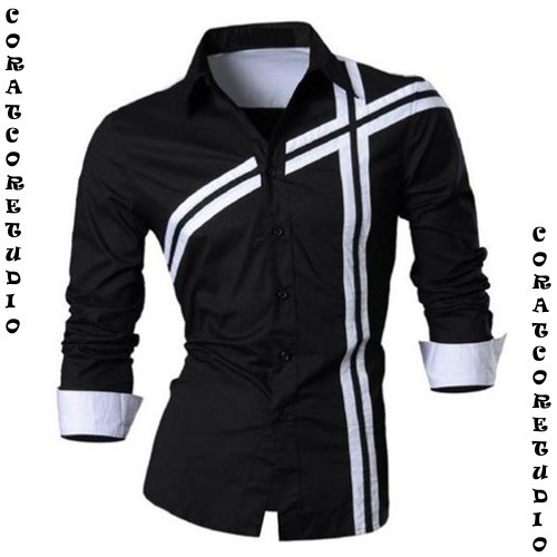 ( S M L XL ) Kemeja Pria Lengan Panjang Sablon Garis PUTIH HITAM ABU BIRU MERAH - CORATCORETUDIO