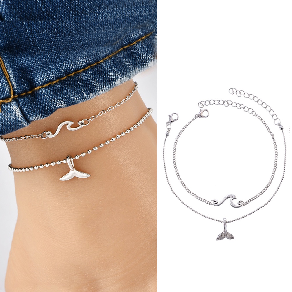 2pcs / Set Gelang Kaki Wanita Desain Gelombang Laut Whale Tail Warna Silver Gaya Bohemian Untuk Pantai