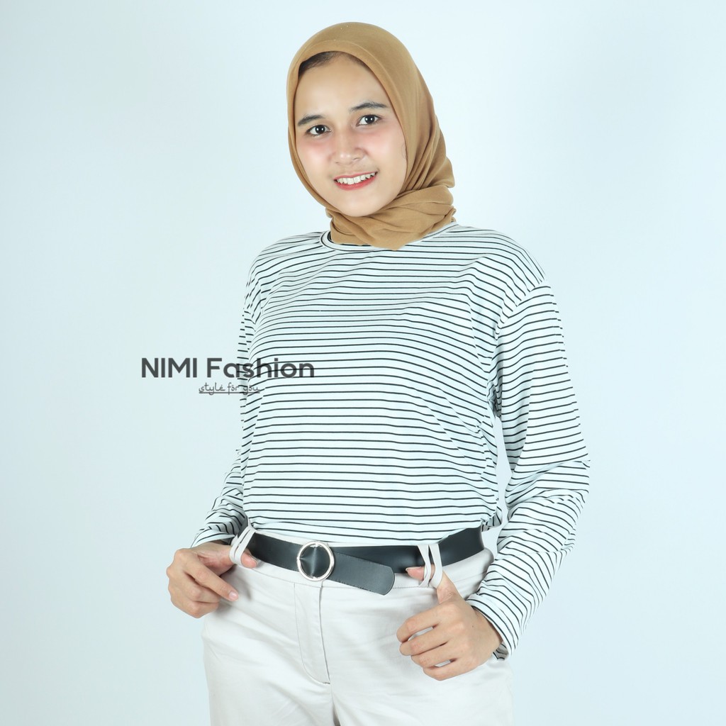 NIMIFASHION KAOS LENGAN PANJANG WANITA / BAJU LENGAN PANJANG / BAJU SALUR HITAM PUTIH BISA COD