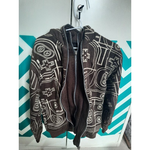 Jaket Double Zipper Coklat Motif