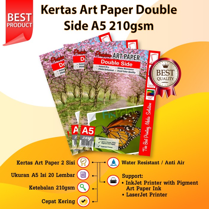 Kertas Art Paper Double Side A5 210gsm, Kertas Art Paper Printer A5 20Pcs / pak