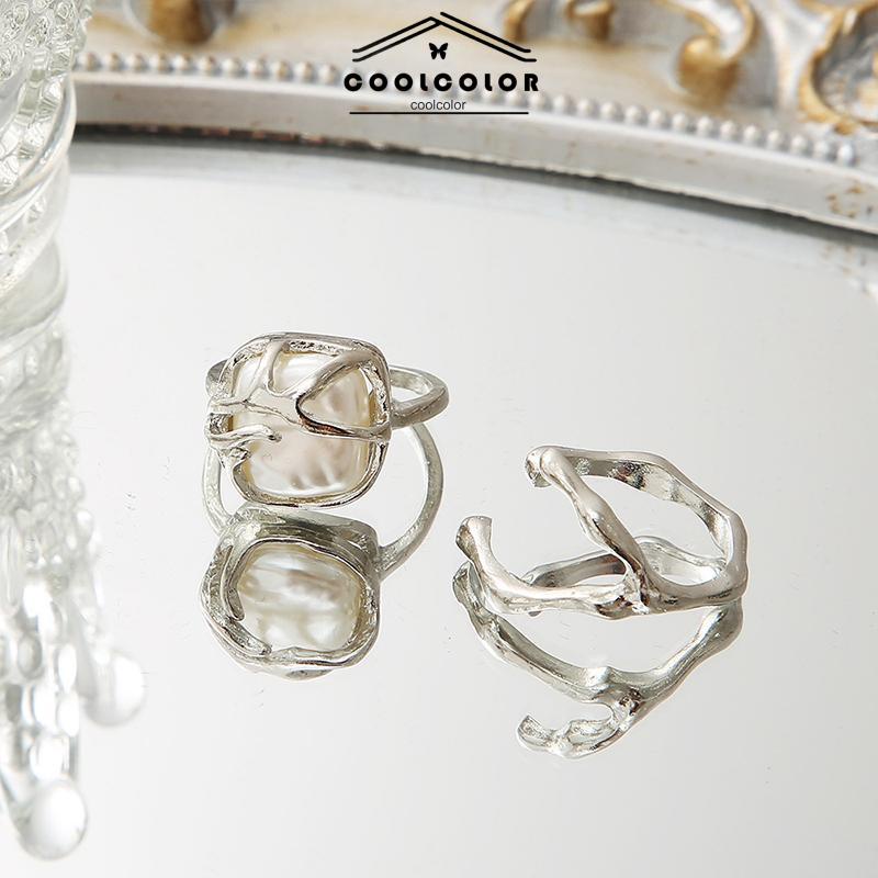 COD❤️2PCS/Set Cincin Kreatif Sederhana Temperamen Pembukaan Mutiara Tidak Teratur Cincin Dapat Disesuaikan korea fashion wanita