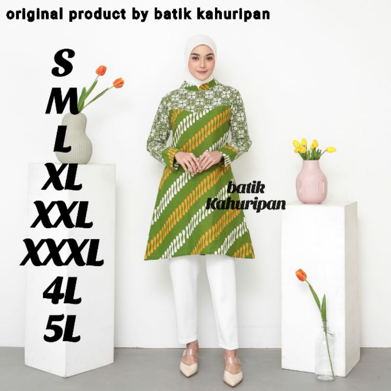 TUNIK BATIK CAP LENGAN PANJANG RESLETING BELAKANG PARANG HIJAU