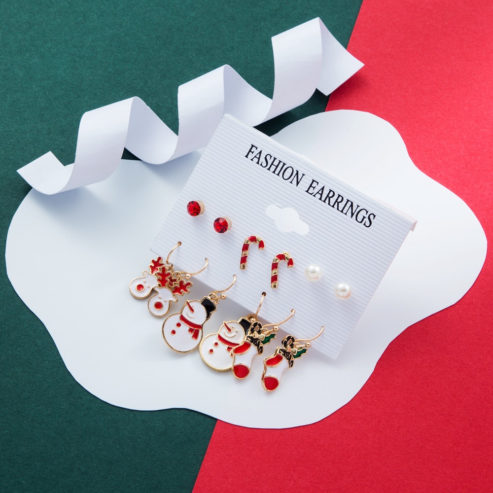 12pcs Santa Claus Christmas Tree Reindeer Snowman Earring Set For Women Pearl Crystal Stud Earrings Fashion Jewelry