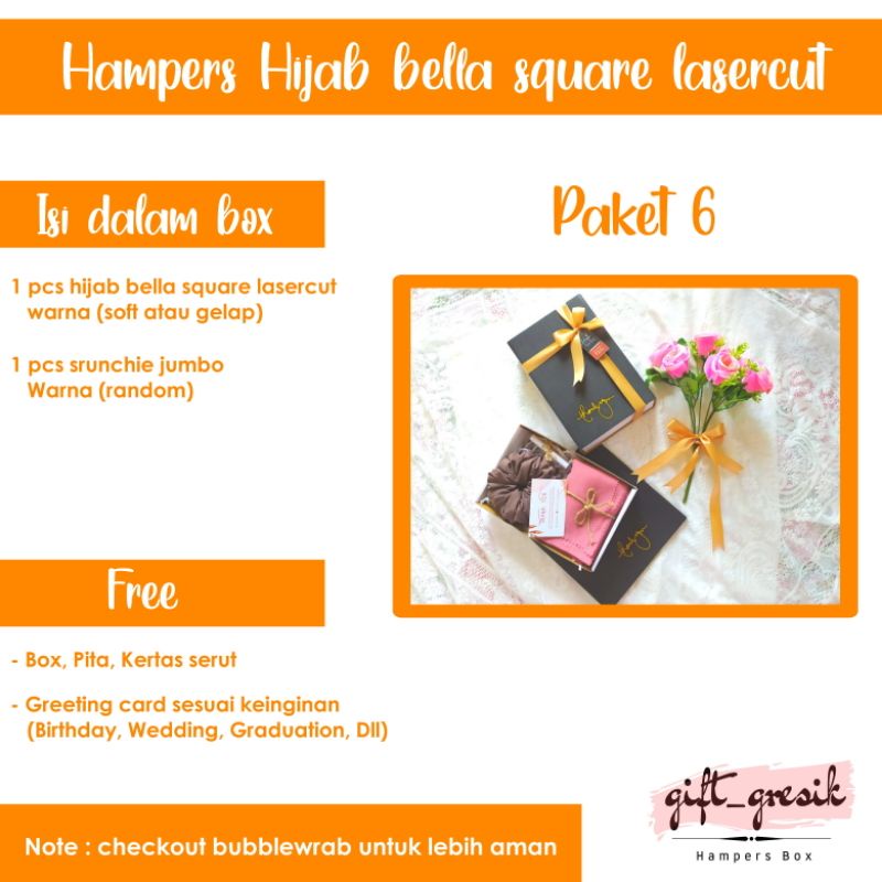 

Hampers hijab/Gift box hijab/Paket 6/Hijab bella square lasercut/Kado ulang tahun/Wisuda/Nikahan