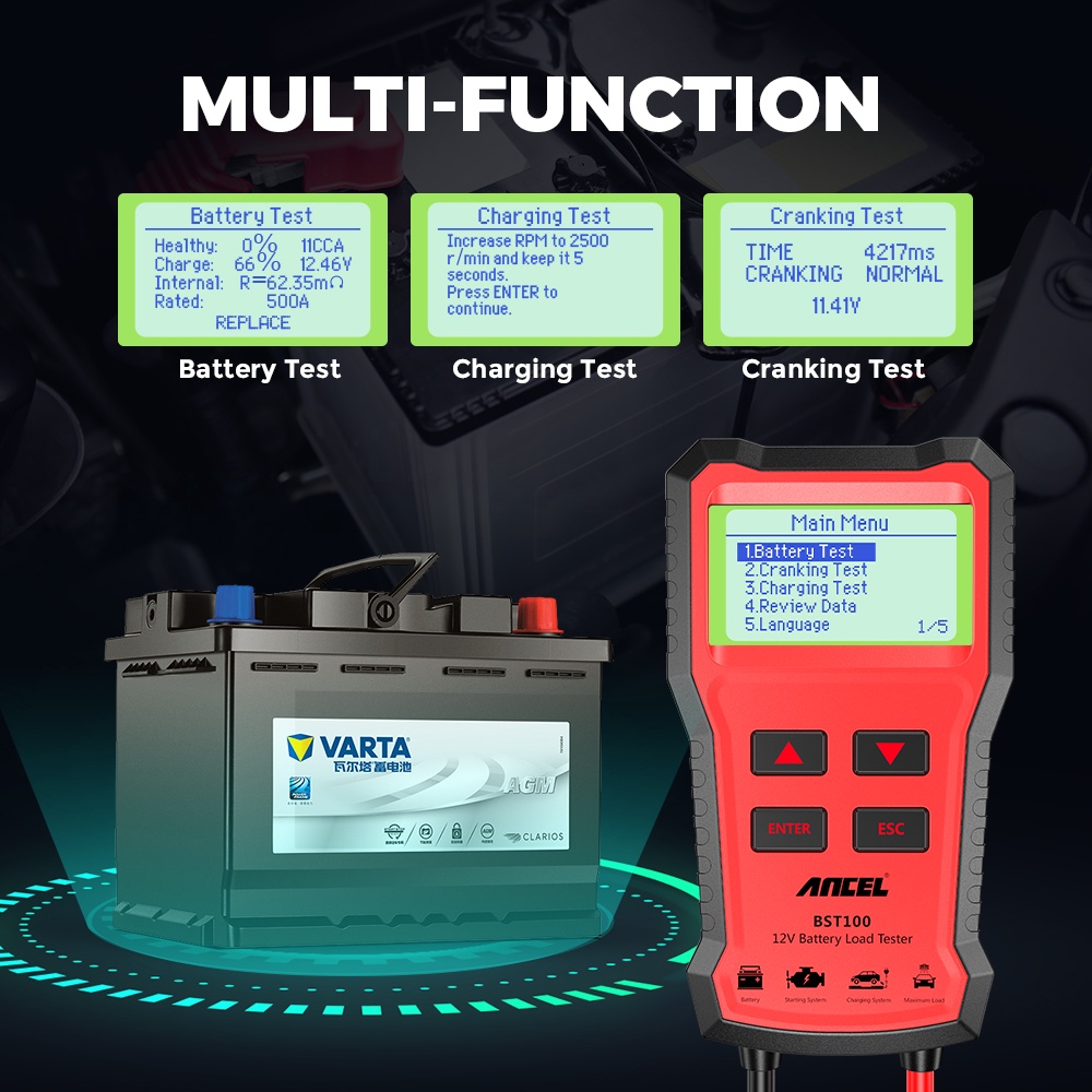 ANCEL BST100 12V Penguji Aki Mobil Car Battery Tester Digital Car Battery Analyzer Battery Health Analyzer Car Diagnostic Tool For Car/Motorcycle/Vans/Light Truck/Boat