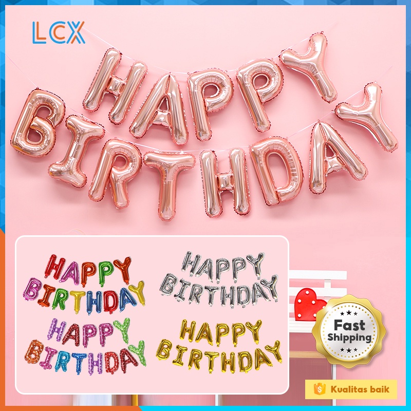 LCX Balon Foil Tulisan Happy Birthday Balon Foil Huruf Gold Warna Pelangi