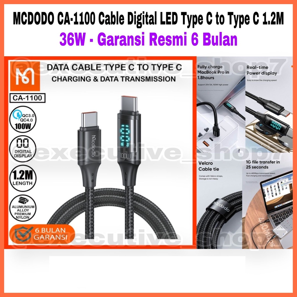 MCDODO CA-1100 Cable Digital LED Type C to Type C 1.2m - 36W - Garansi Resmi 6 Bulan