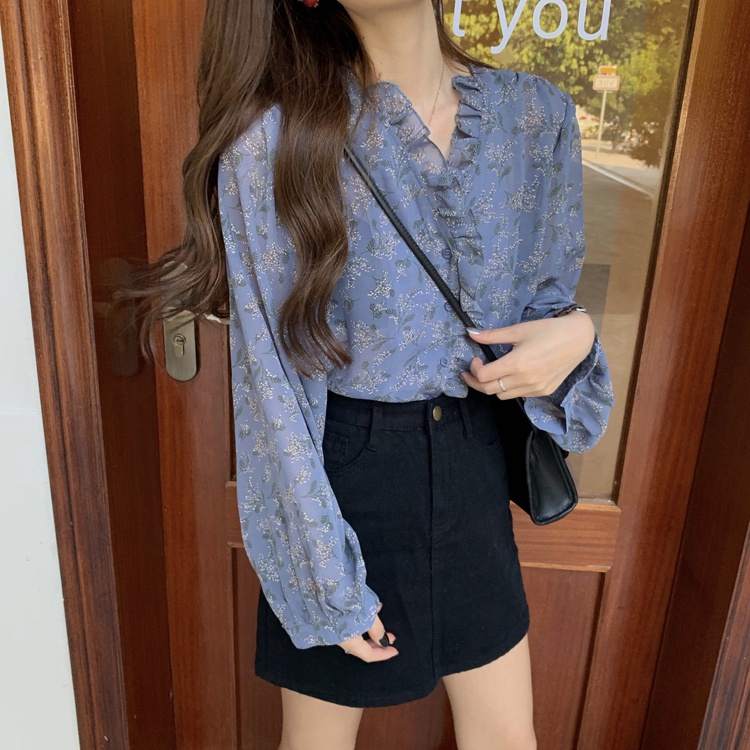 Kemeja Sifon Lengan Panjang Wanita Blouse Korean Style Floral Shirt