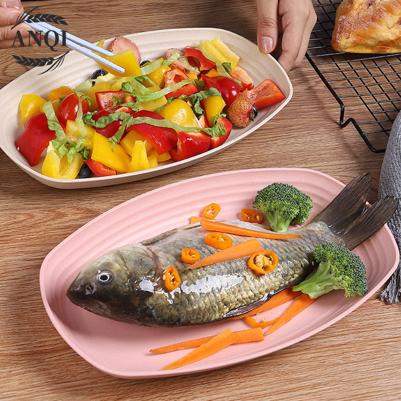 ANQI 4IN1 Piring Jerami Gandum Set Piring Bentuk Oval Kotak Mix Warna Isi 4 Pcs Lonjong Dinner Plate