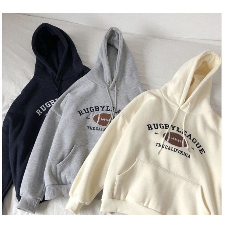 Jaket Hoodie sweater oversize pakaian pria wanita Outerwear Korean Style RUGBYLEAGUE bahan Fleece