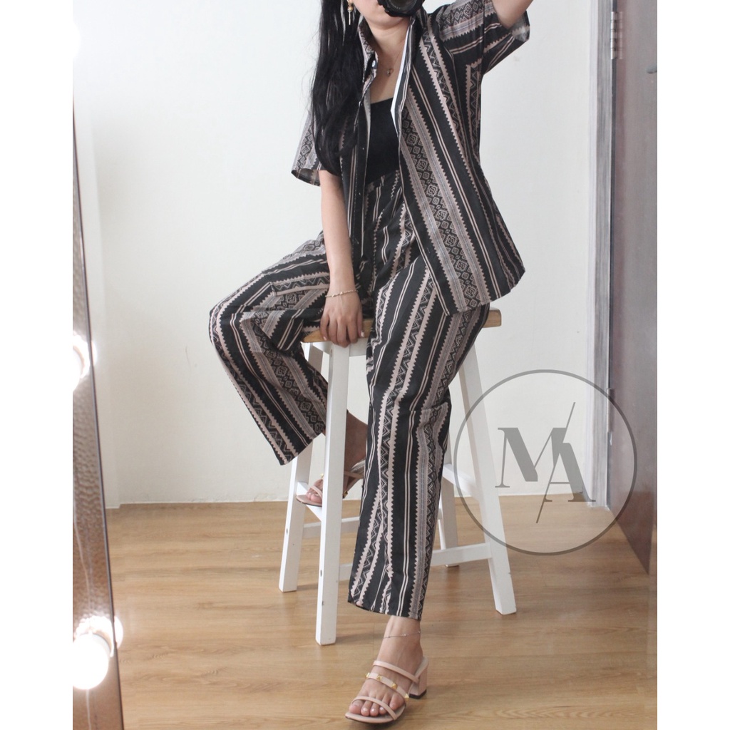 DAILY SET RAYON tiedye- HOMEY SET FIT Xl - PAJAMA SET RAYON -  PIYAMA RAYON-salur etnik hitam