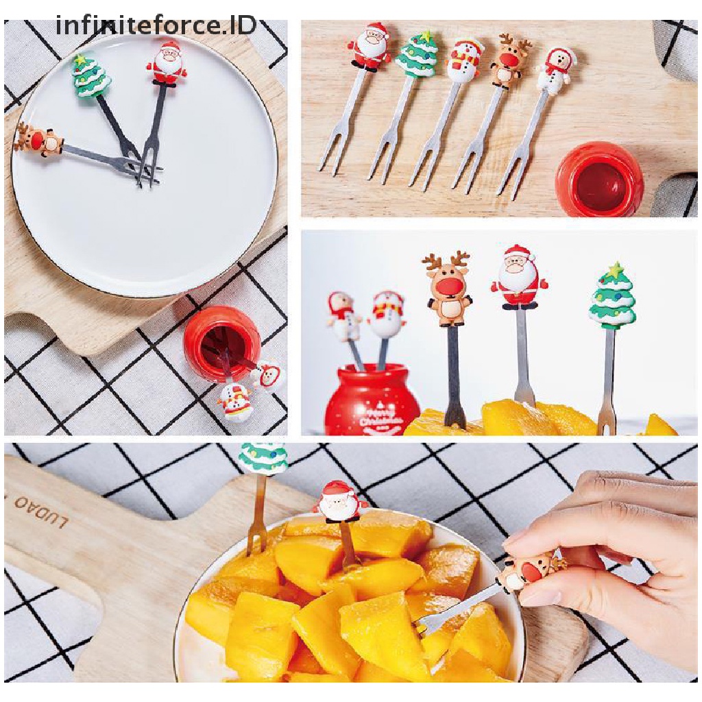 5pcs / Set Garpu Buah / Sayuran / Salad Desain Kartun Santa Claus Bahan Stainless Steel