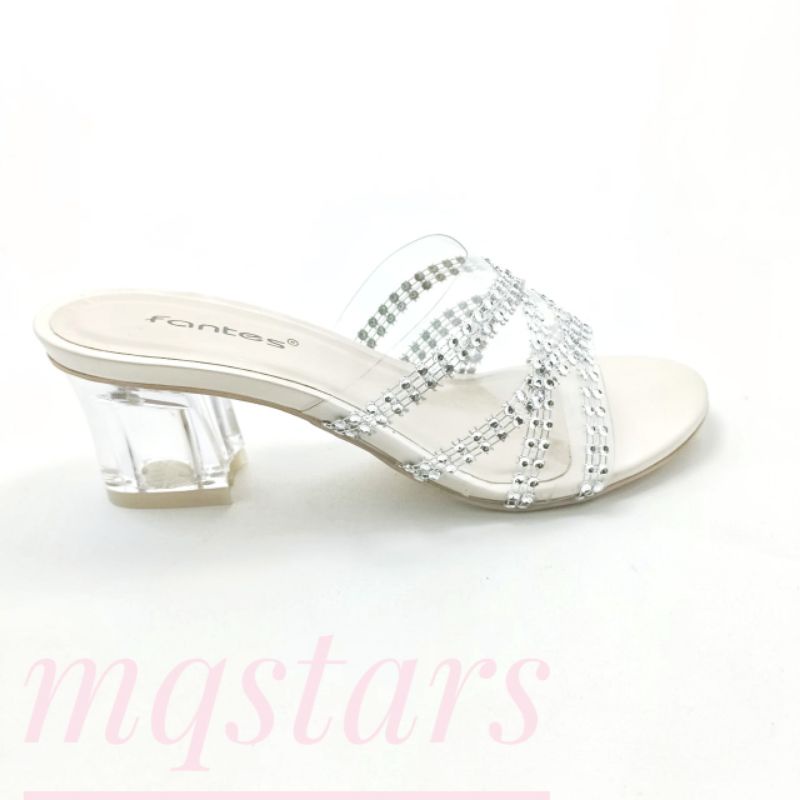 Mqstars-HIGH HEEL WANITA KACA TALI PERMATA/Sandal Heels Hak Kaca 5 cm