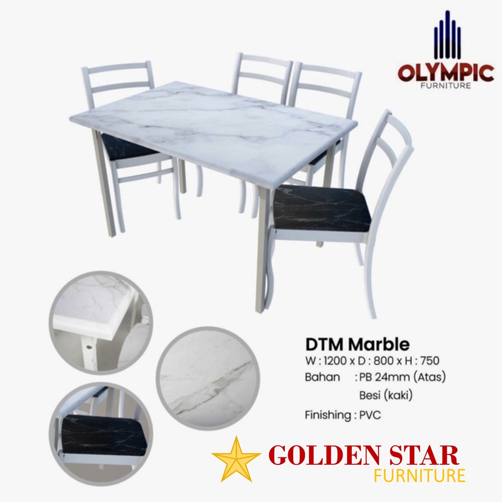 Meja Makan DTM Marble Putih Olympic 4 Kursi Dinning Table Minimalis