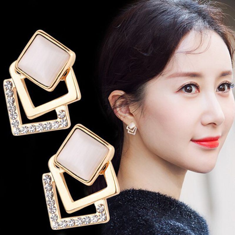 Anting wanita geometri model korea jepang berlian silver cantik terbaru cocok untuk hadiah dan pesta