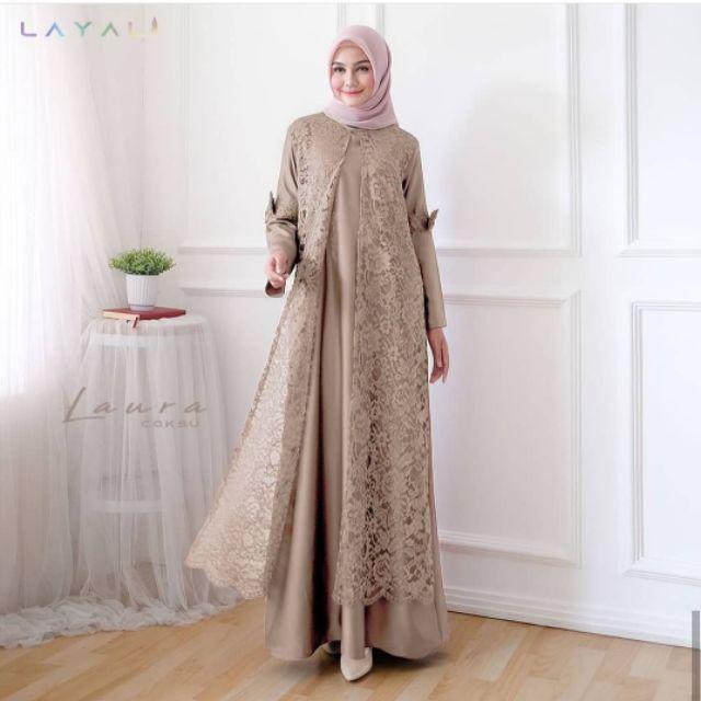 Long Dress Brukat Brokat Casual Belah Depan Laura Shopee Indonesia