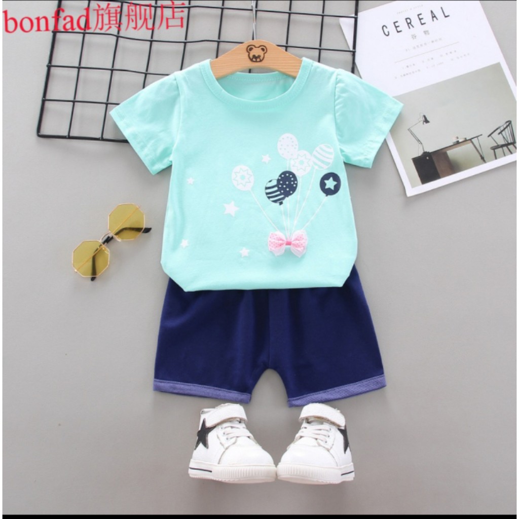 Setelan Baju Anak Perempuan Balita Import | Set Kaos Anak Cewek / Kualitas PremiumSTLN PitaBalon MB