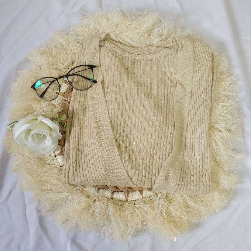 CARDIGAN RAJUT SALUR KANCING BATOK | Cardy Crop Rajut Wanita Oversize-K. BATOK CREAM