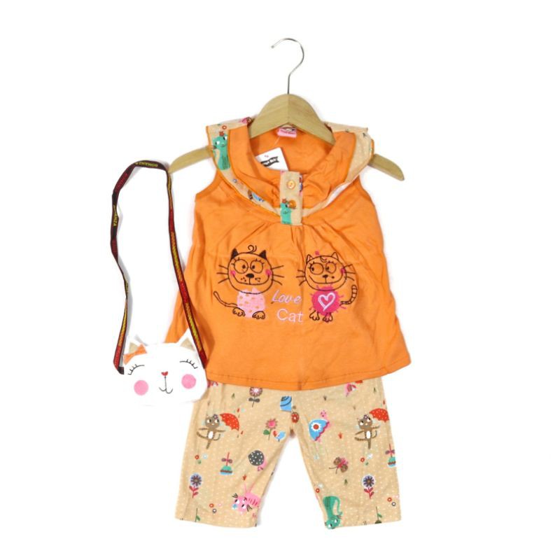 SETELAN BABY FASHION ANAK PEREMPUAN MOTIF LOVE CAT BAHAN KAOS GAMBAR BORDIR 1 TAHUN