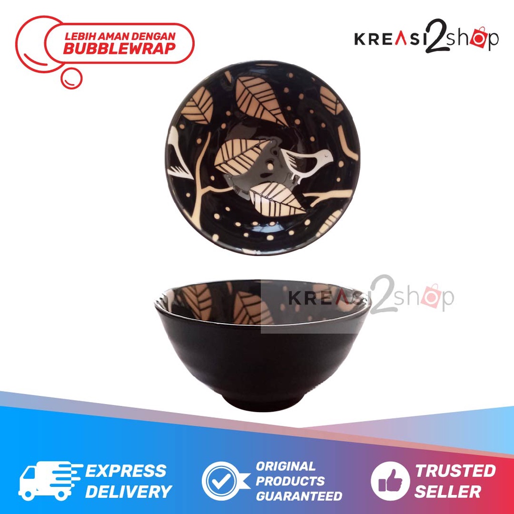 Mangkuk Sup Keramik Porcelain Motif Burung Emas Hitam 2 Warna - Hitam