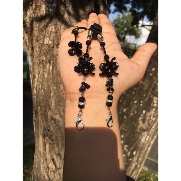 STRAP MASK HIJAB STRAP MASKER SERUT KALUNG MASKER KELOPAK BUNGA 3D FLOWERS CLOVER MATTE BLACK