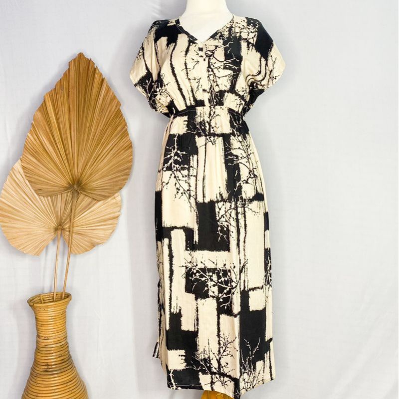 Daster Manohara Dress Manohara All Size Fit to XL Rayon Dress Bali Motif Tiedye Kopi Coffe Motif-Kotak hitam