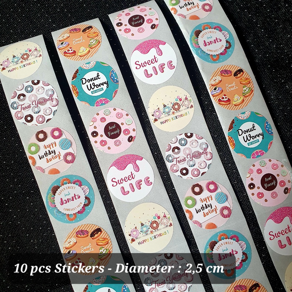 

(10pcs) Sticker Stiker Segel Bulat Mini 2.5 cm - Happy Birthday Donut Worry be Happy