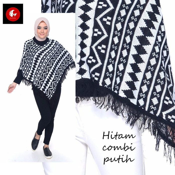 PONCO MAROKO Okechuku Knit Outer Sweater Rajut Wanita Fashion Korea - Hitam Putih