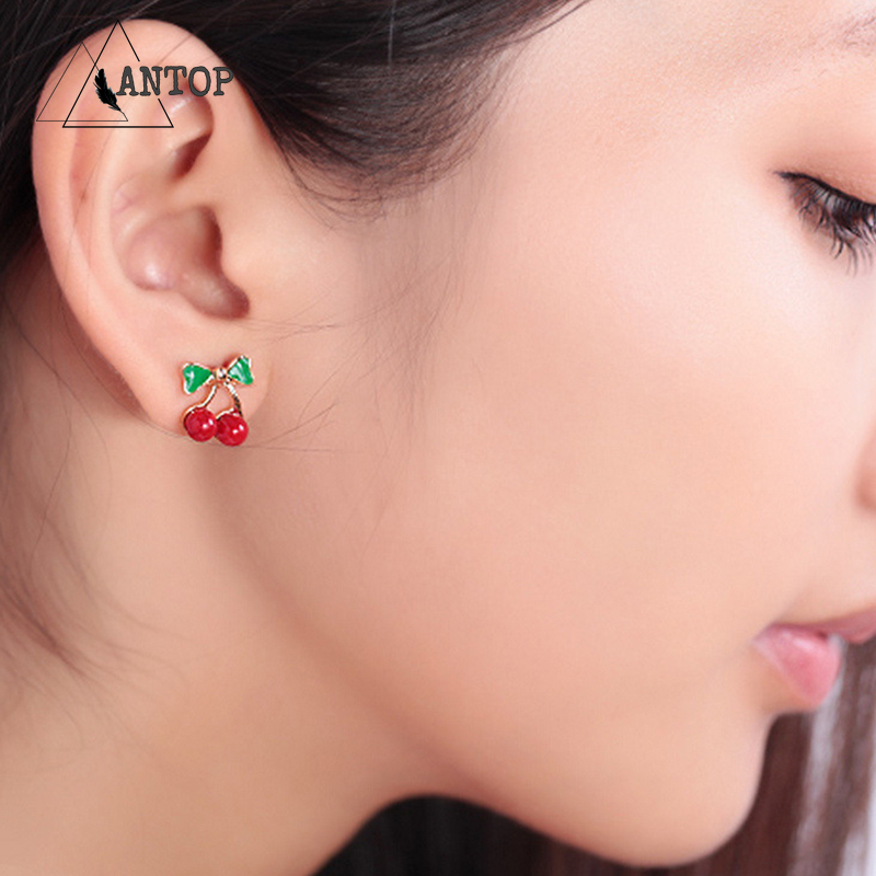 Anting Drop Oil Bentuk Cherry Warna Merah Gaya Korea Untuk Wanita