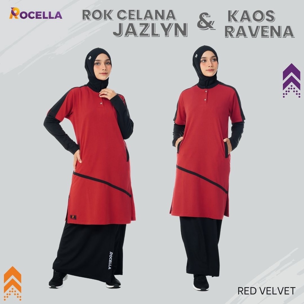 [ROCELLA] SERIES RAVENA JAZLYN set baju rok celana olahraga senam jogging basket lari sepeda badminton wanita muslimah syari ukuran jumbo SMLXXXXXL warna red merah maroon marun, light grey abu abu terang, sky blue biru langit, baby peach pink beige hitam