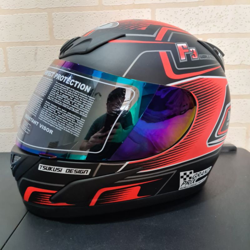 Helm JPN fullface F3 hitam doff stiker red-orange