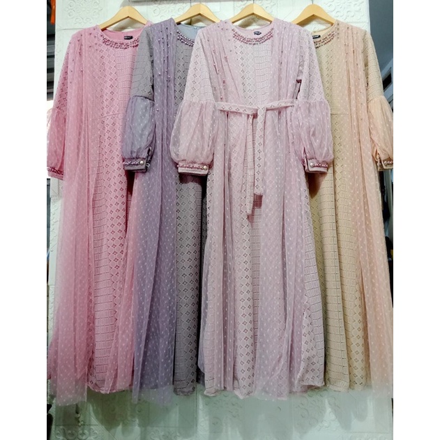 Gamis brokat premium by ozias / Gamis lengan balon / Gamis tile mutiara brukat halus mymyfashion