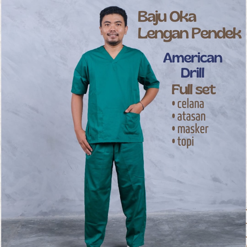 Baju Jaga Ok Oka LENGAN PENDEK Premium Drill | APD Baju Medis Dokter Perawat Nakes