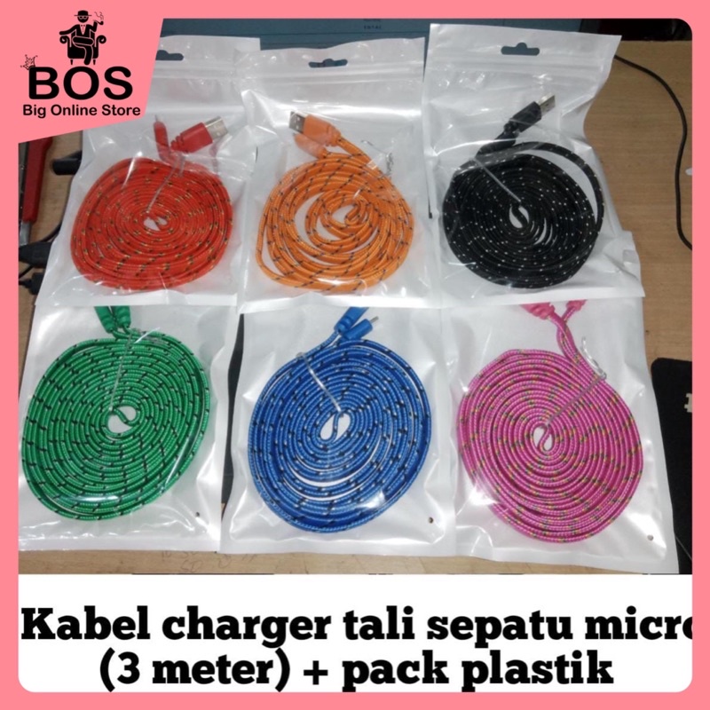 BOS - Kabel Model Tali Sepatu 3 Meter Micro/V8 | Kbl Cable Charger Casan HP Android 3M 3Meter