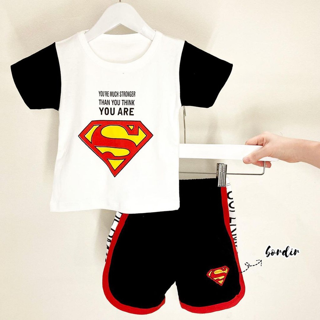 SUPER ME Baju Setelan Kaos Celana Pergi Jalan Lucu Fashion Anak Bayi Cowok Laki Terlaris Lucu