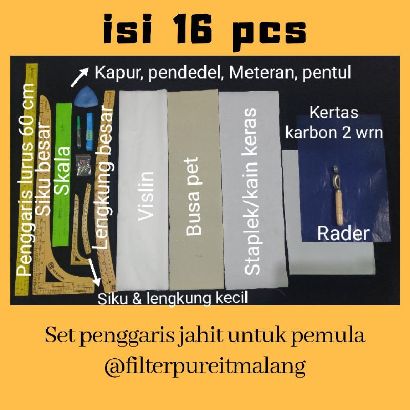 Paket penggaris jahit bagi pemula (penggaris lurus, skala, siku, lengkung) dan lain-lain