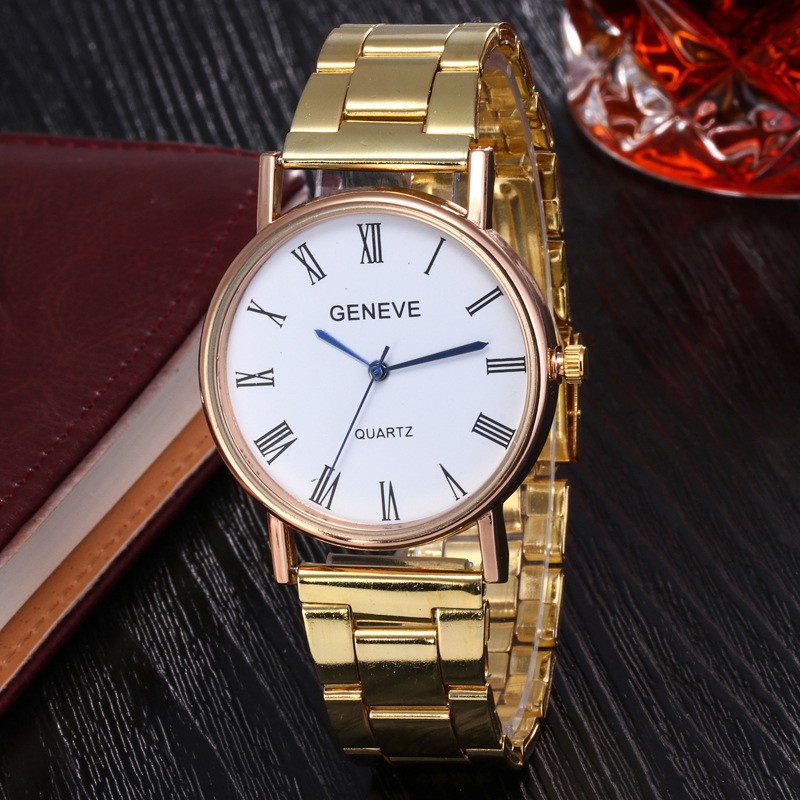 (GROSIRJAYA32) Jam Tangan Pria Dan Wanita  GENEVE Quartz Dial Bulat Romawi Dengan Strap Stainless Steel Analog Fashion