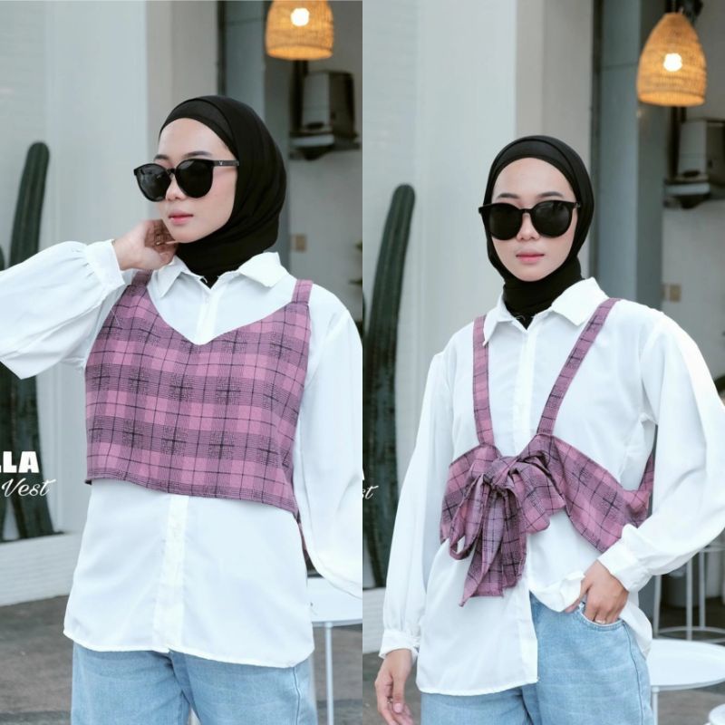 BLOUSE Bisa COD/Bayar ditempat/Gratis Ongkir  || Blouse TARTAN LENGAN BALON MIZU KOREAN STYLE | KEMEJA FLANEL WANITA NUMMA/KEMEJA CROP LENGAN PANJANG TARTAN-Bella Vest Purple