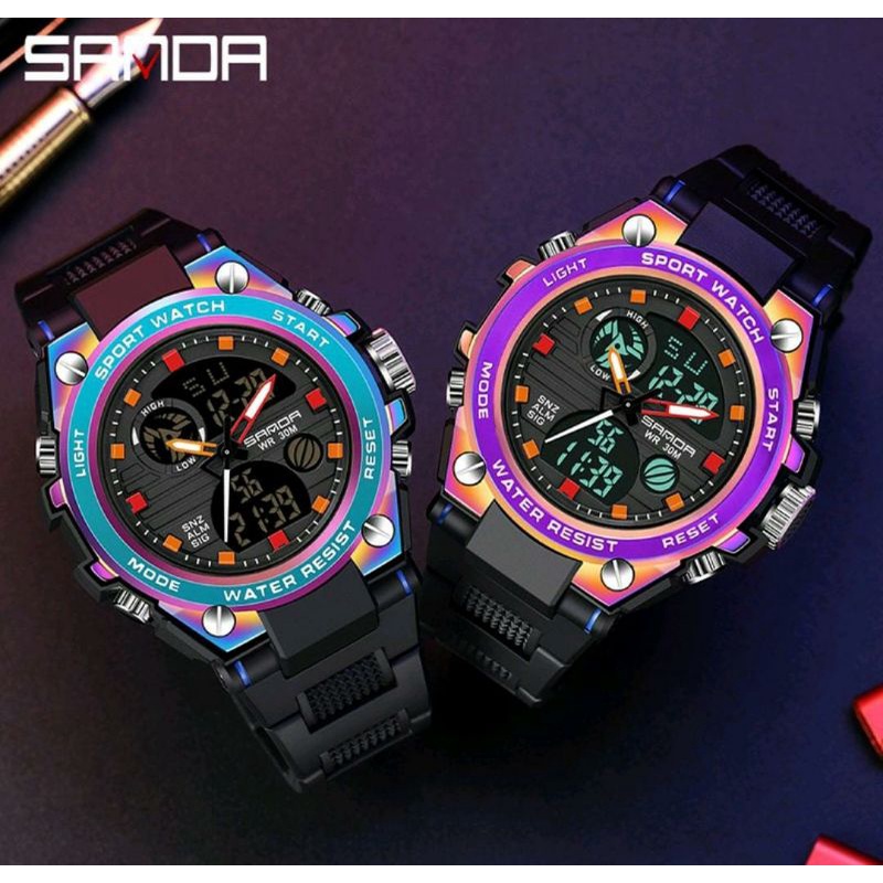 Jam Tangan Sanda Jam Tangan Kombinasi Warna Outdoor Jam Tangan Rantai Dualtime