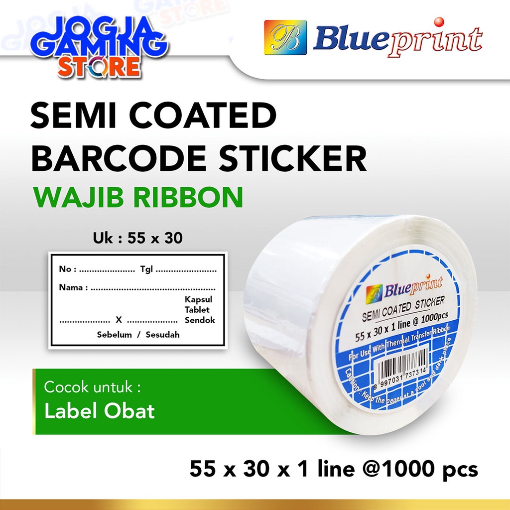 

STICKER LABEL BARCODE SEMICOATED BLUEPRINT 55x30 x1 Lines @1000 Pcs