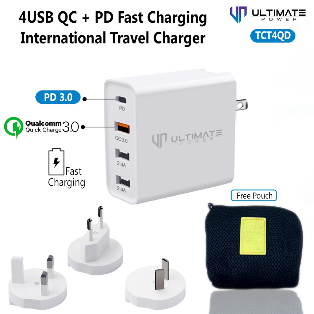 Kepala Charger Ultimate Power 4USB QC+PD Fast Charging International Travel Charger original100%