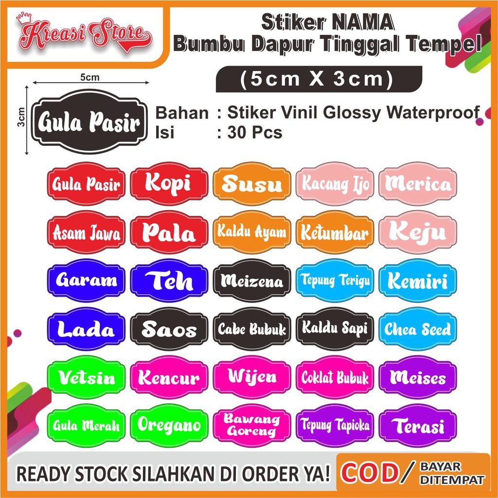 

COD✔ Stiker Label Nama Bumbu Dapur Waterproof Isi 30 Pcs uk 3x5cm Ready Stock Free 2 Pcs