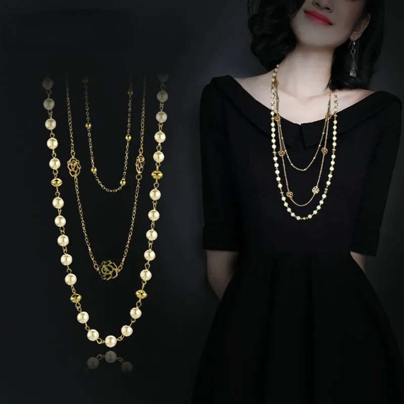 Kalung Rantai Banyak Lapis Dengan Liontin Bunga Mawar Aksen Mutiara Untuk Wanita