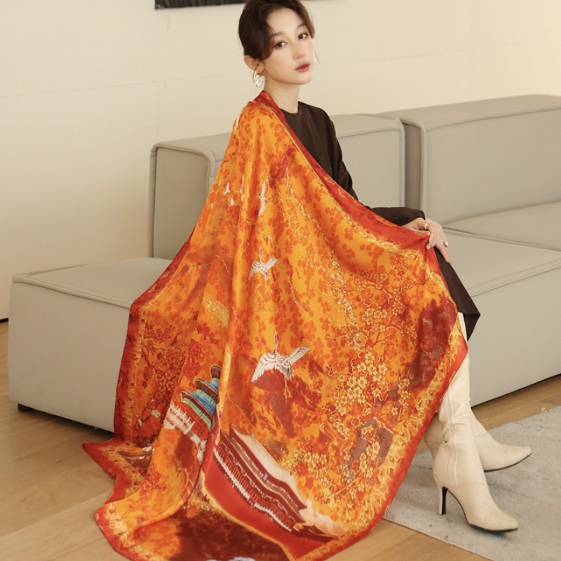 Scarf &quot;Marliot&quot; 110 x 110 Motif Bangau bahan Sutra Imitasi HIGH GRADE, Scarf Mewah