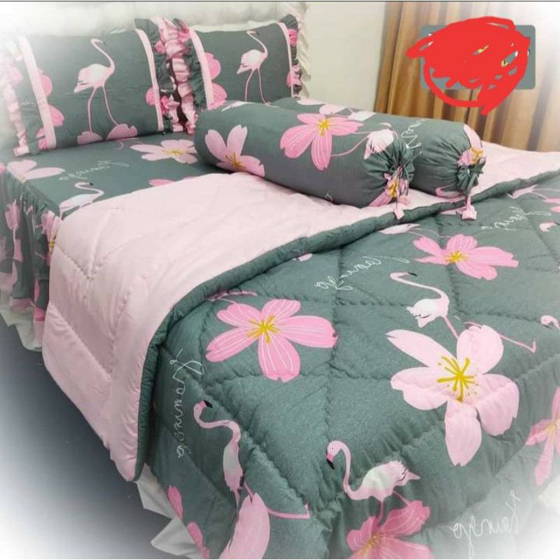 Sprei rumbai set bedcover pengantin bahan katun motif Flamingo Aloha  ukuran 100,120