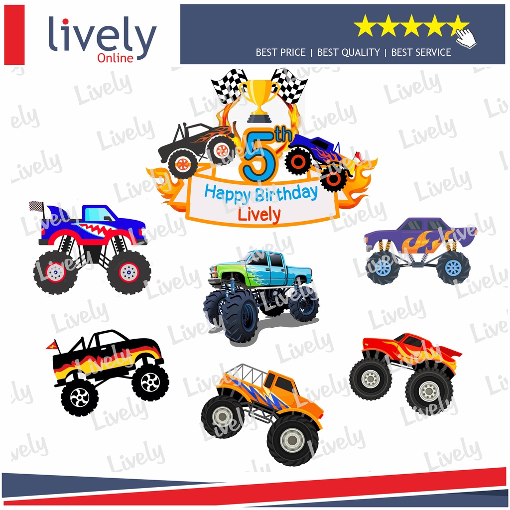 CUSTOM NAMA CAKE TOPPER KARAKTER MONSTER TRUCK HIASAN KUE ULANG TAHUN HAPPY BIRTHDAY