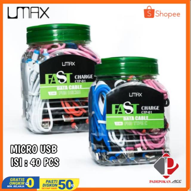 Kabel Data Toples UMAX Micro Usb isi 40 pcs Suport Fast Charging ORIGINAL