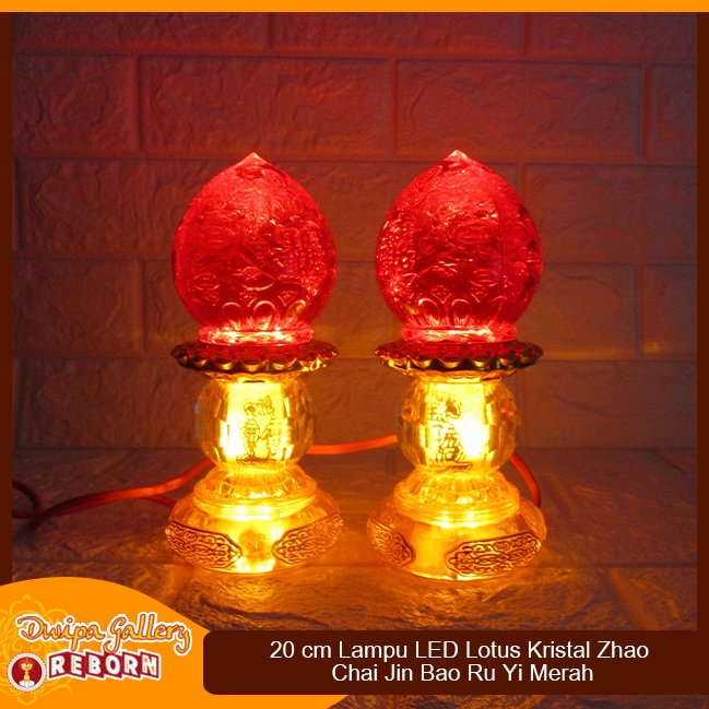 Lampu Sembahyang Altar Merah LED Lotus Kristal Zhao Chai Jin Bao RuYi